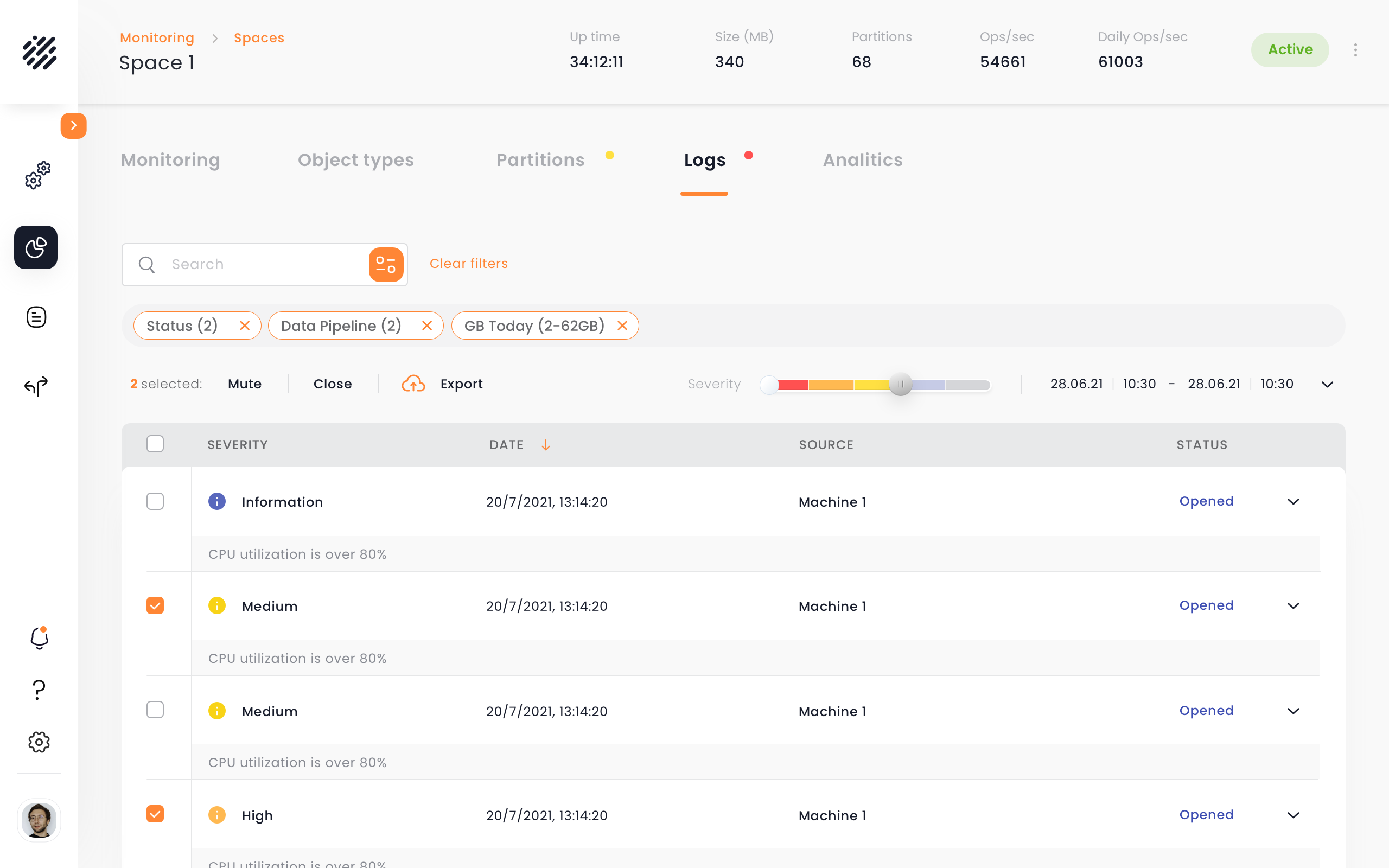 Logs — two rows selected, the toolbar switches to Mute, Close and Export