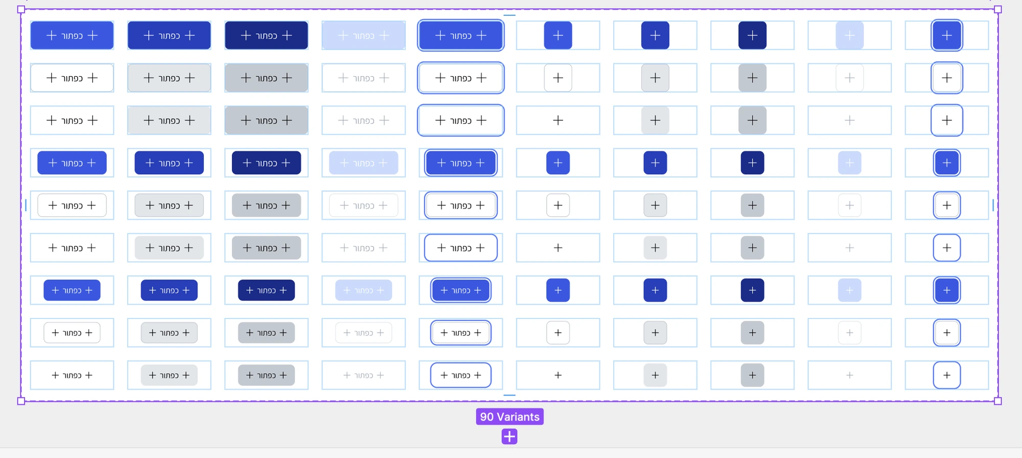 UX Library — the Button component set: 90 variants from six properties