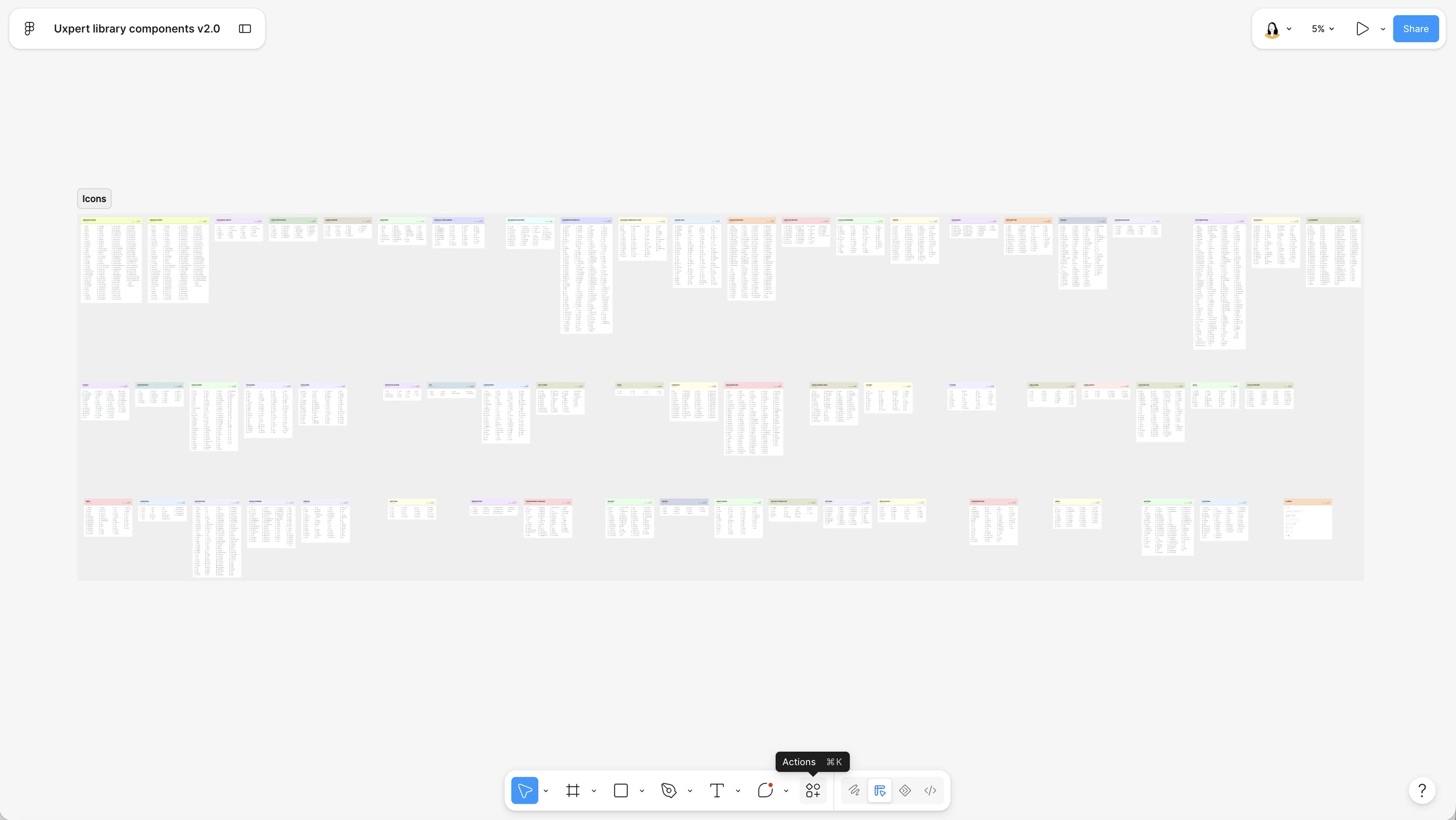 The icon set page in Figma, zoomed out — dozens of categories, each a labeled sheet