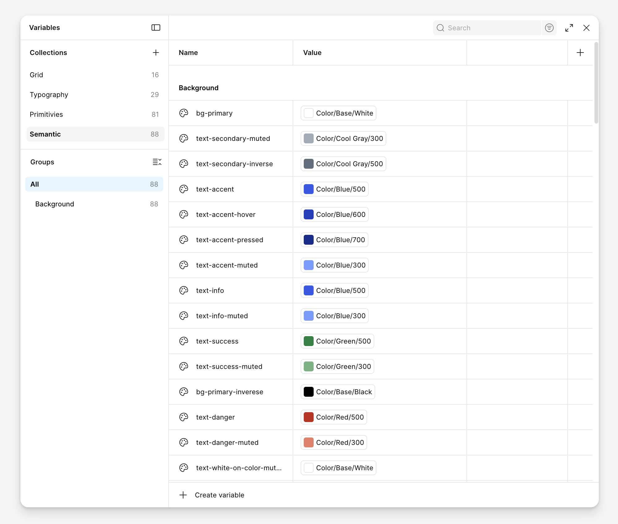 Figma variables — four collections (grid, typography, primitives, semantic) and a semantic layer aliasing the primitives